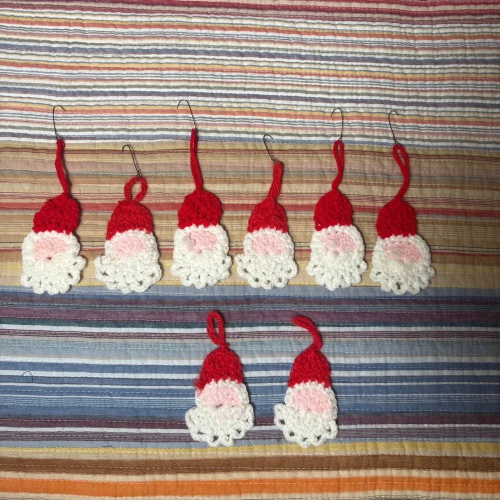Vintage Handmade Crochet Santa Claus Christmas Ornaments Set of 8 Red White